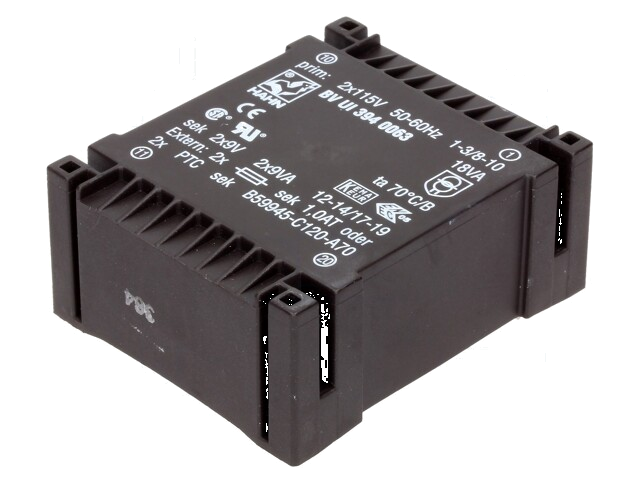 Transformator: ingegoten; 18VA; 115VACx2; 9V; 9V; 1A; 1A; PCB; BVUI Transformator: ingegoten; 18VA; 115VACx2; 9V; 9V; 1A; 1A; PCB; BVUI
